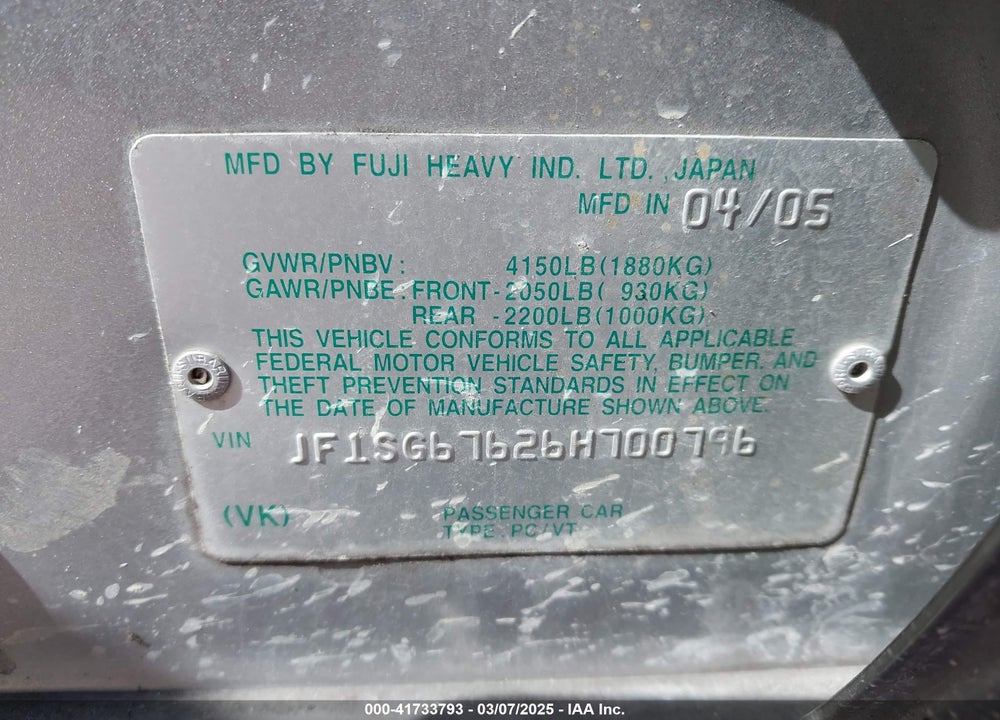 2006 SUBARU FORESTER VIN: JF1SG67626H700796