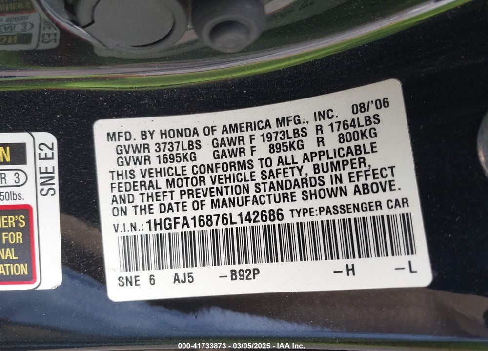 2006 HONDA CIVIC EX VIN: 1HGFA16876L142686