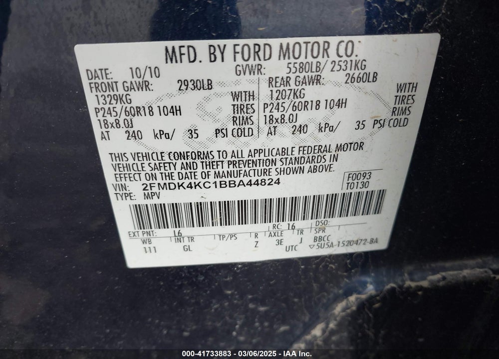 2011 FORD EDGE VIN: 2FMDK4KC1BBA44824