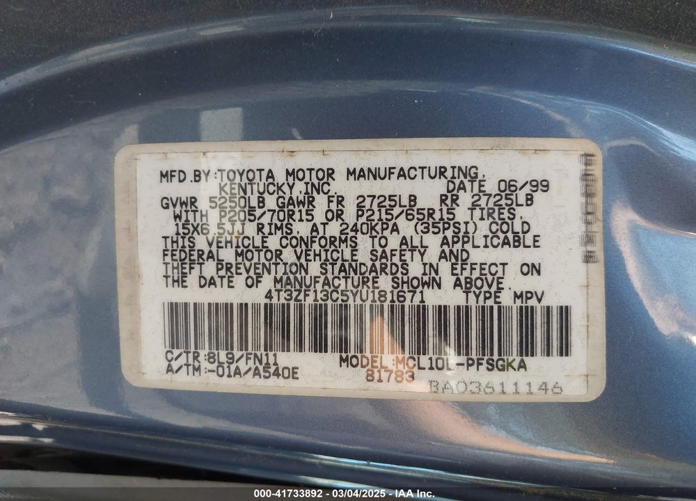 2000 TOYOTA SIENNA LE VIN: 4T3ZF13C5YU181671