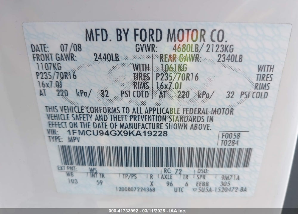 2009 FORD ESCAPE VIN: 1FMCU94GX9KA19228