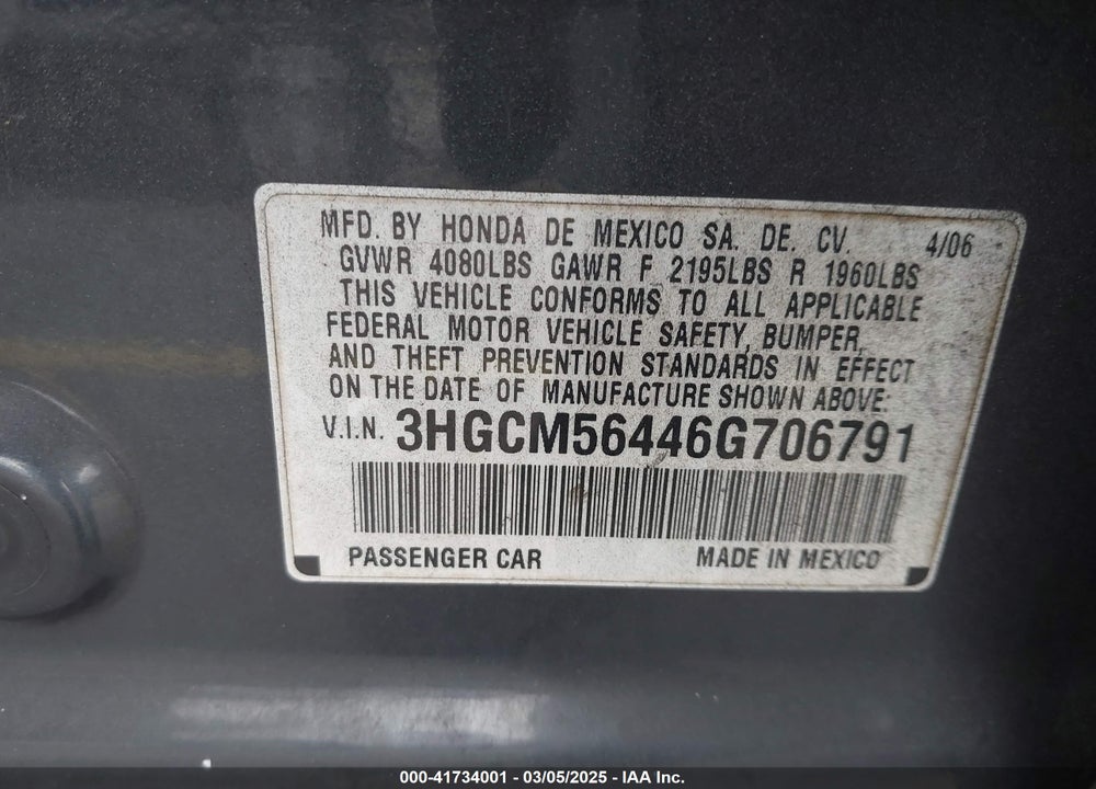 2006 HONDA ACCORD 2.4 LX VIN: 3HGCM56446G706791