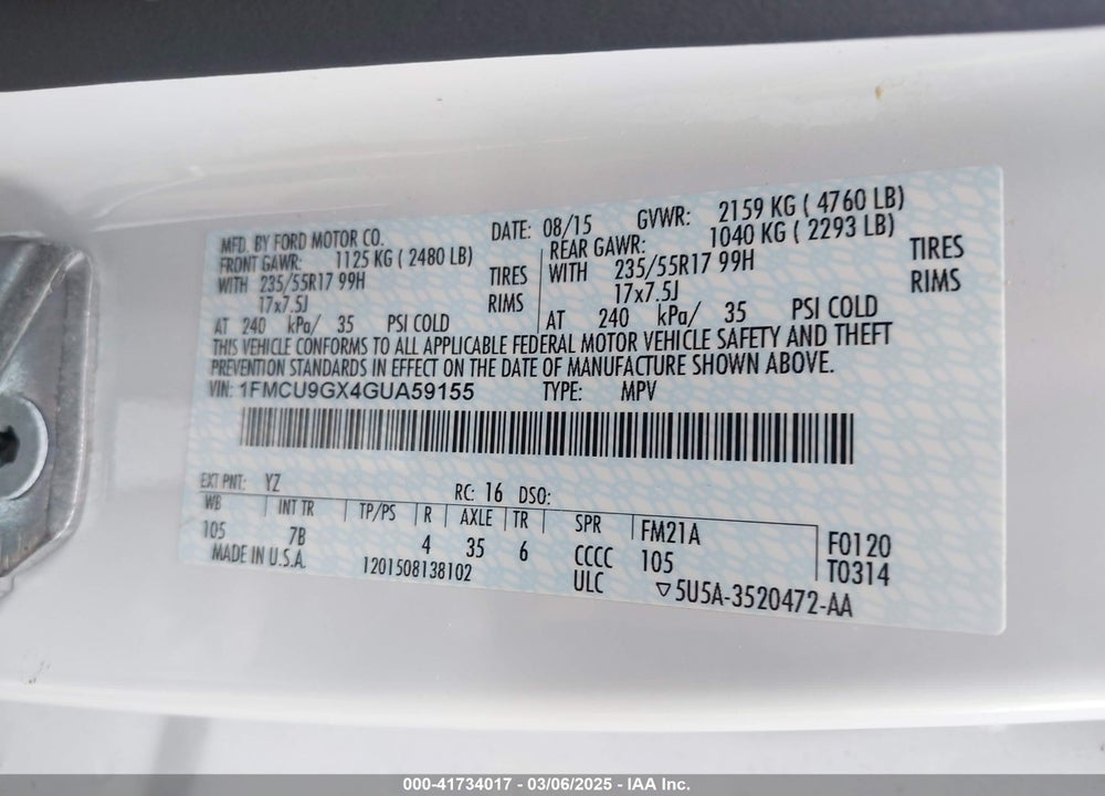 2016 FORD ESCAPE SE VIN: 1FMCU9GX4GUA59155