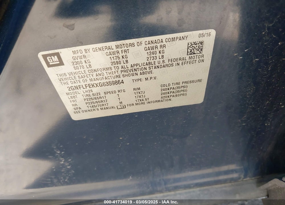 2016 CHEVROLET EQUINOX VIN: 2GNFLFEKXG6359864
