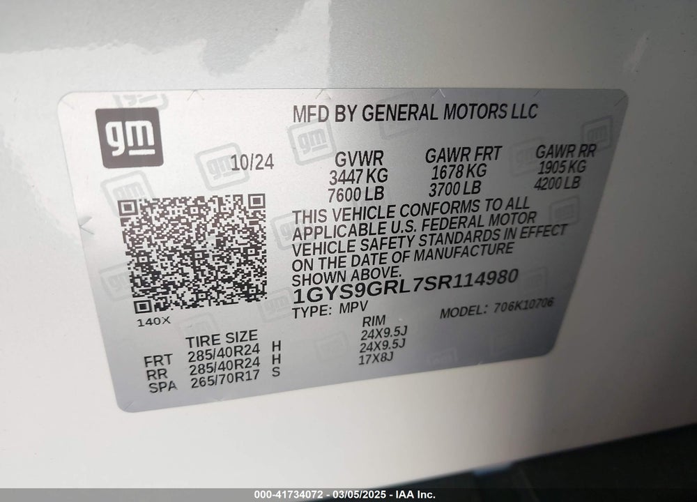 2025 CADILLAC ESCALADE SPORT PLATINUM VIN: 1GYS9GRL7SR114980