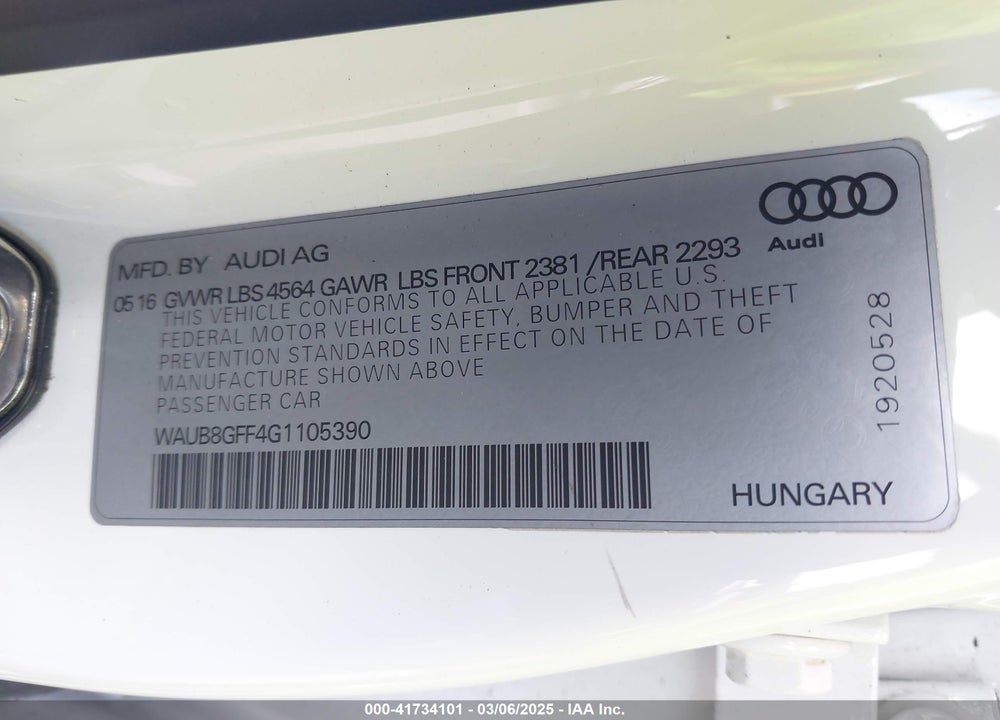 2016 AUDI A3 VIN: WAUB8GFF4G1105390