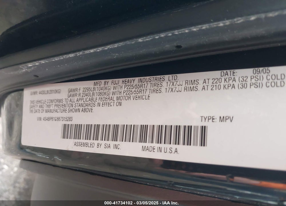 2006 SUBARU OUTBACK VIN: 4S4BP61C667315283