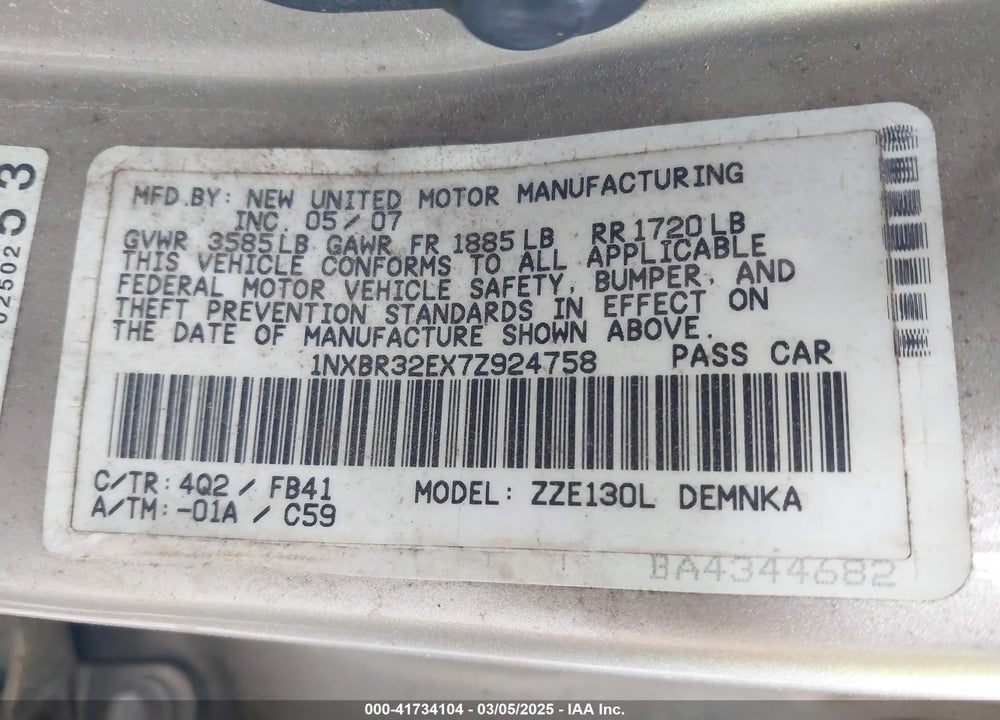 2007 TOYOTA COROLLA VIN: 1NXBR32EX7Z924758
