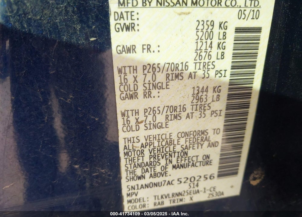 2010 NISSAN XTERRA S VIN: 5N1AN0NU7AC520256