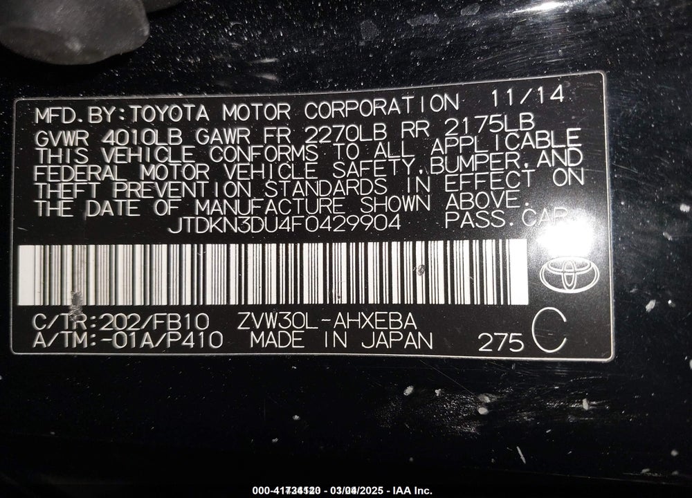 2015 TOYOTA PRIUS VIN: JTDKN3DU4F0429904