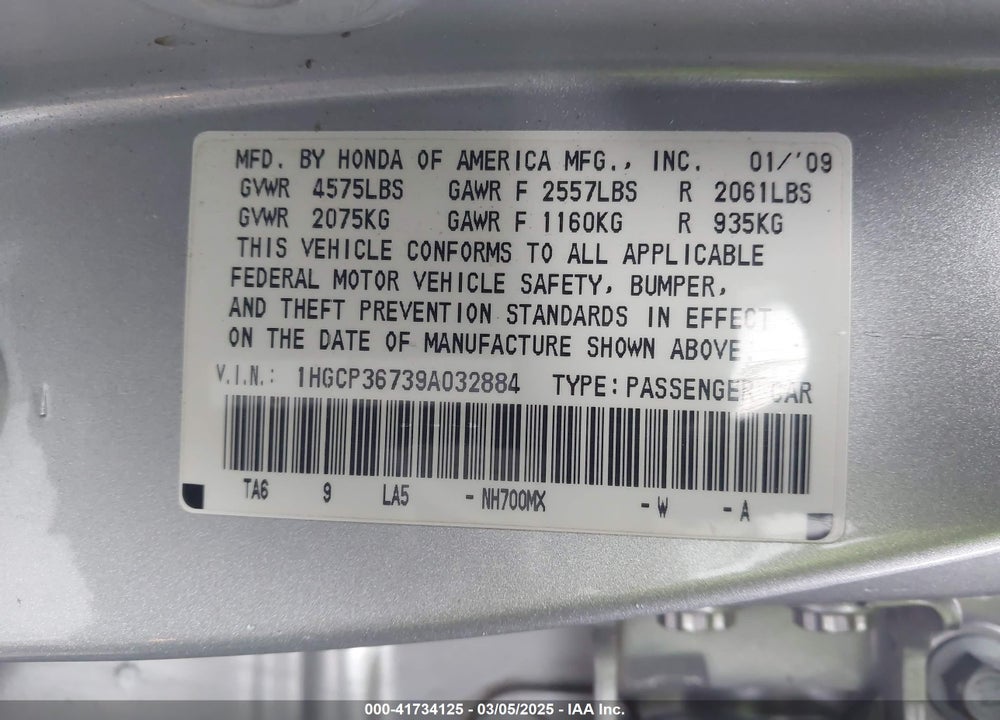 2009 HONDA ACCORD 3.5 EX VIN: 1HGCP36739A032884