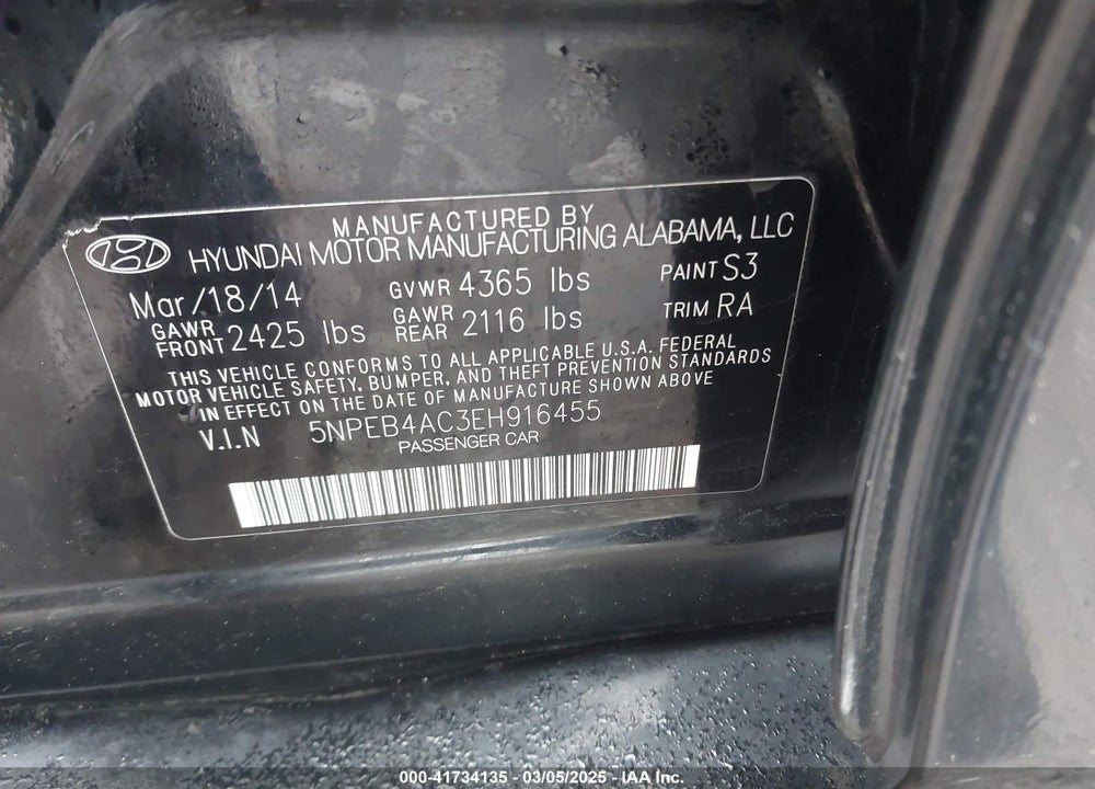 2014 HYUNDAI SONATA GLS VIN: 5NPEB4AC3EH916455