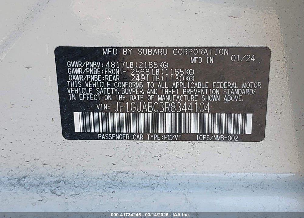 2024 SUBARU IMPREZA BASE 5-DOOR VIN: JF1GUABC3R8344104