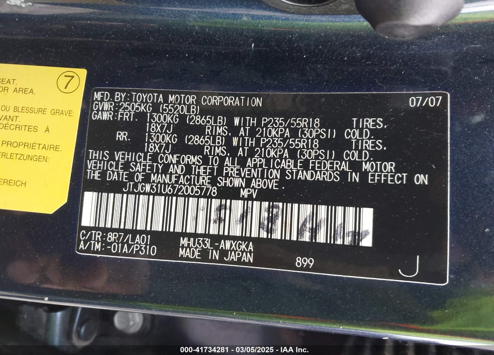 2007 LEXUS RX 400H VIN: JTJGW31U672005778