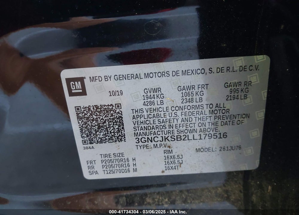 2020 CHEVROLET TRAX FWD LS VIN: 3GNCJKSB2LL179516