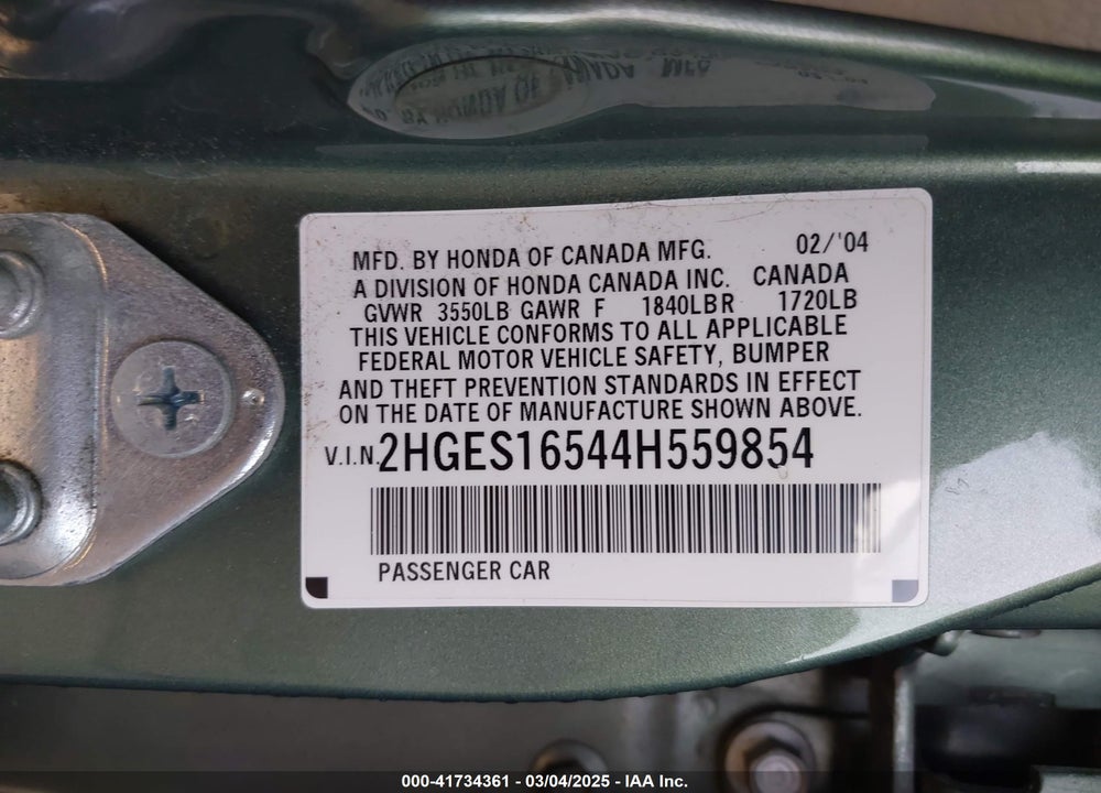 2004 HONDA CIVIC LX VIN: 2HGES16544H559854