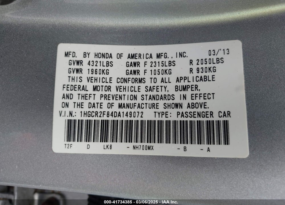 2013 HONDA ACCORD VIN: 1HGCR2F84DA149072