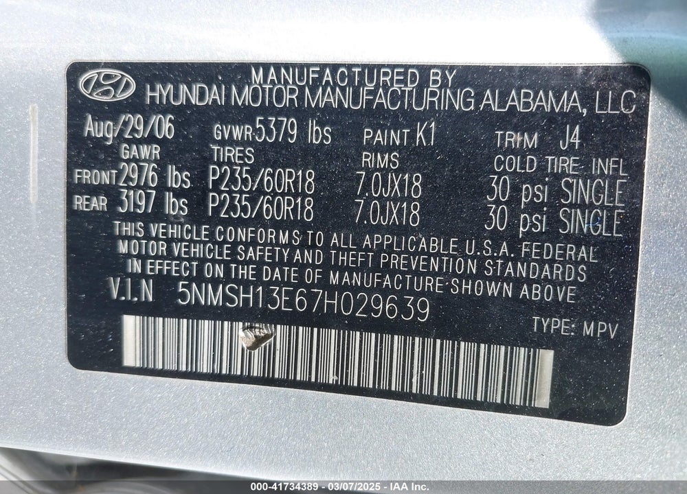 2007 HYUNDAI SANTA FE LIMITED/SE VIN: 5NMSH13E67H029639