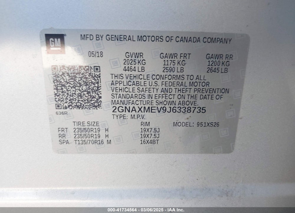 2018 CHEVROLET EQUINOX VIN: 2GNAXMEV9J6338735