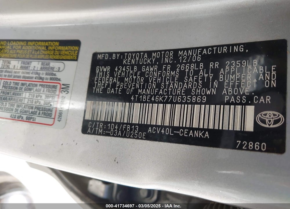 2007 TOYOTA CAMRY VIN: 4T1BE46K77U635869