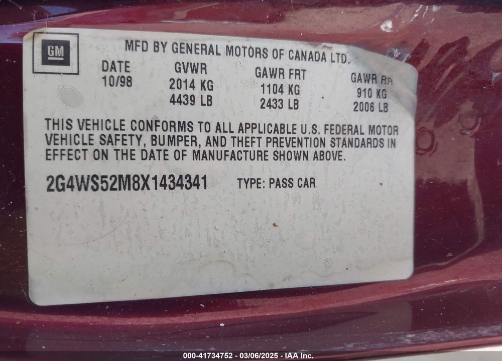 1999 BUICK CENTURY CUSTOM VIN: 2G4WS52M8X1434341