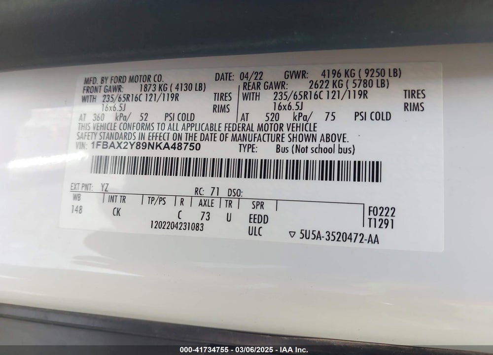 2022 FORD TRANSIT-350 PASSENGER VAN VIN: 1FBAX2Y89NKA48750