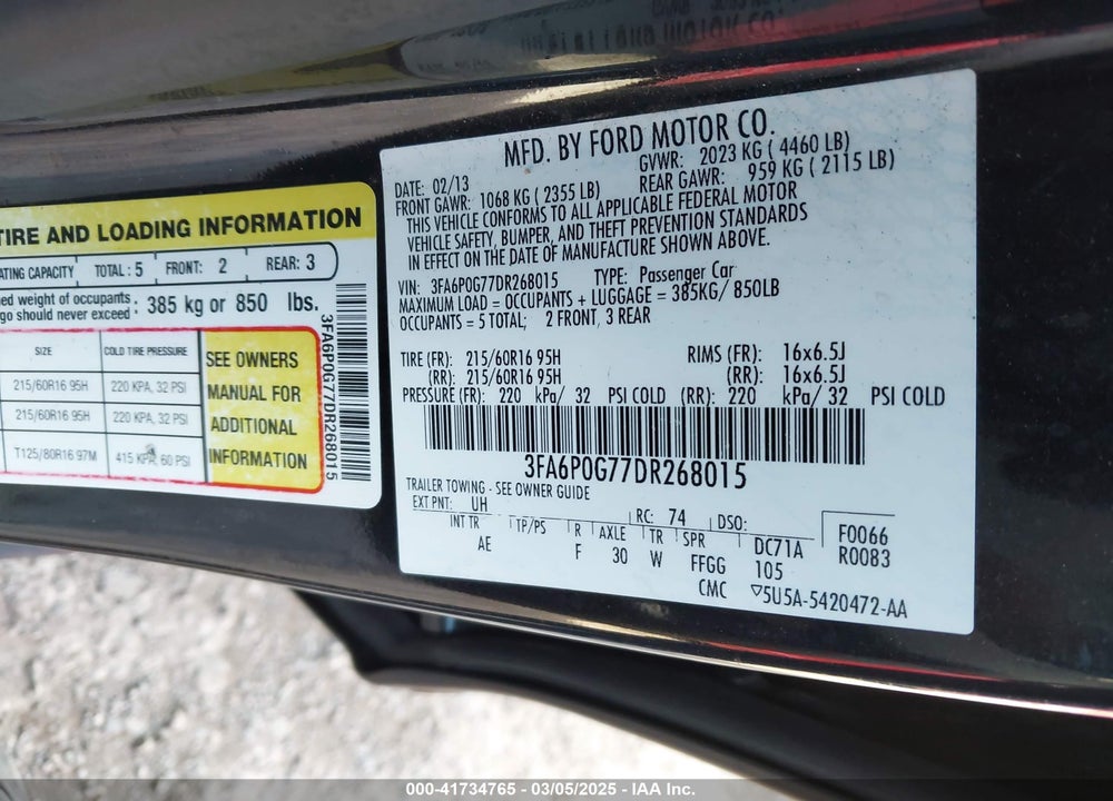 2013 FORD FUSION VIN: 3FA6P0G77DR268015