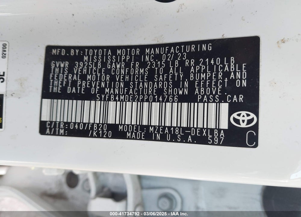 2023 TOYOTA COROLLA VIN: 5YFB4MDE2PP014766