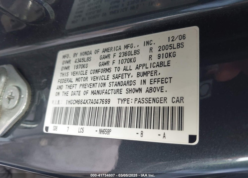 2007 HONDA ACCORD VIN: 1HGCM664X7A047699