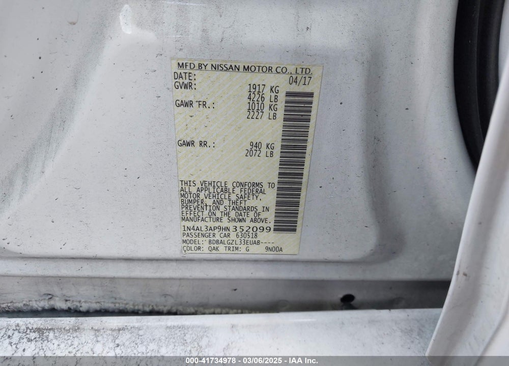 2017 NISSAN ALTIMA VIN: 1N4AL3AP9HN352099