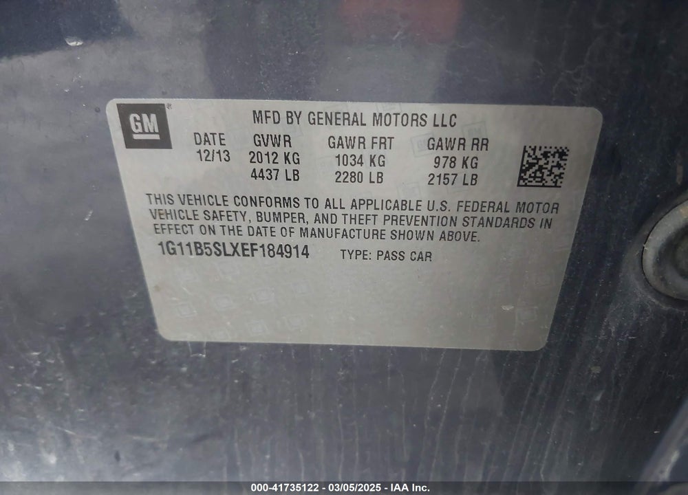 2014 CHEVROLET MALIBU VIN: 1G11B5SLXEF184914