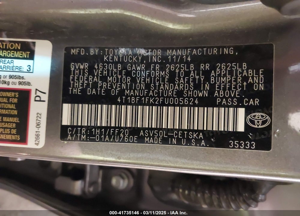 2015 TOYOTA CAMRY SE VIN: 4T1BF1FK2FU005624