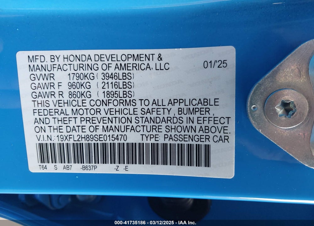 2025 HONDA CIVIC VIN: 19XFL2H89SE015470