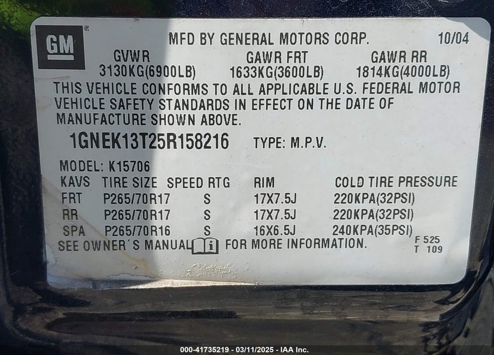 2005 CHEVROLET TAHOE VIN: 1GNEK13T25R158216