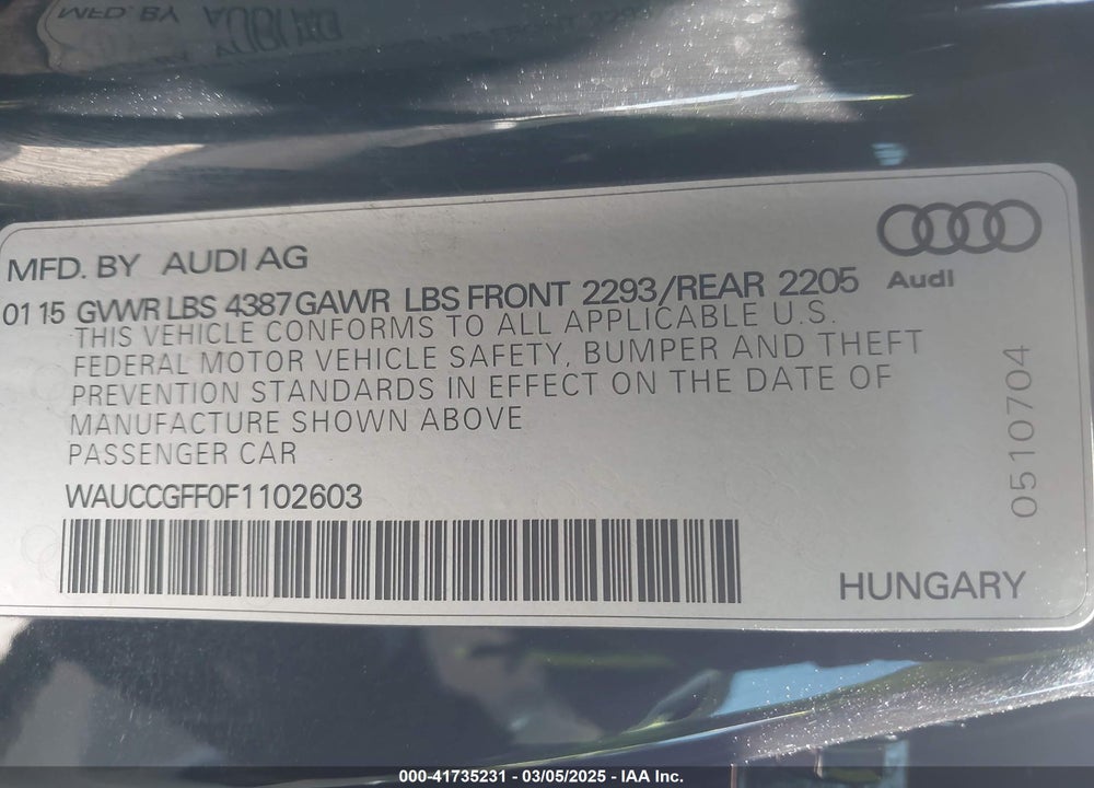 2015 AUDI A3 VIN: WAUCCGFF0F1102603