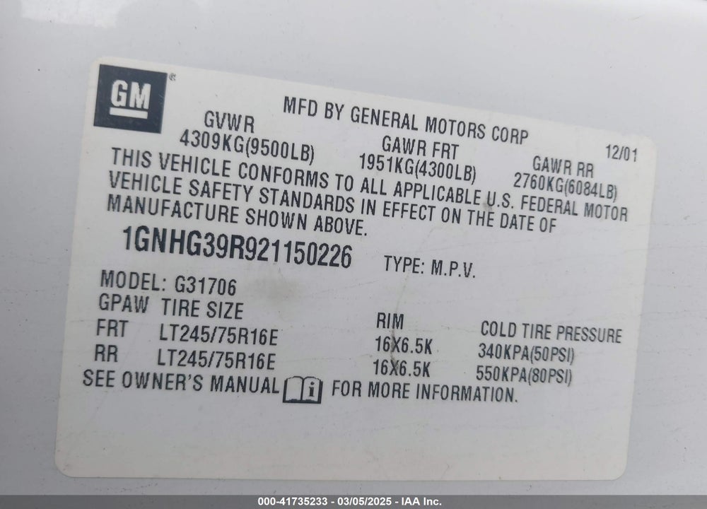 2002 CHEVROLET EXPRESS VIN: 1GNHG39R921150226