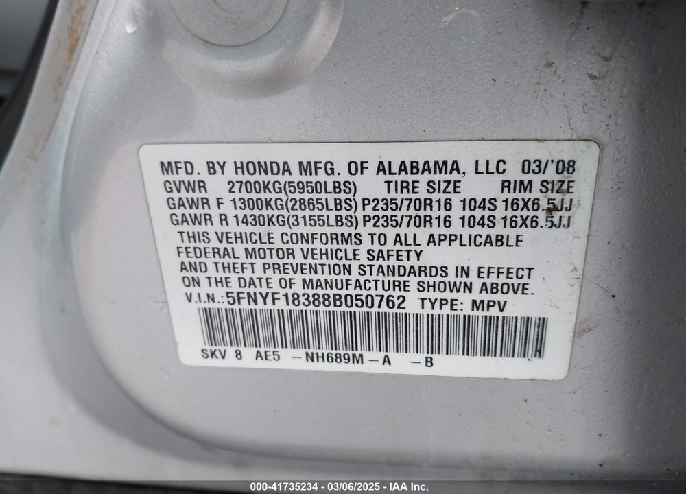 2008 HONDA PILOT VIN: 5FNYF18388B050762