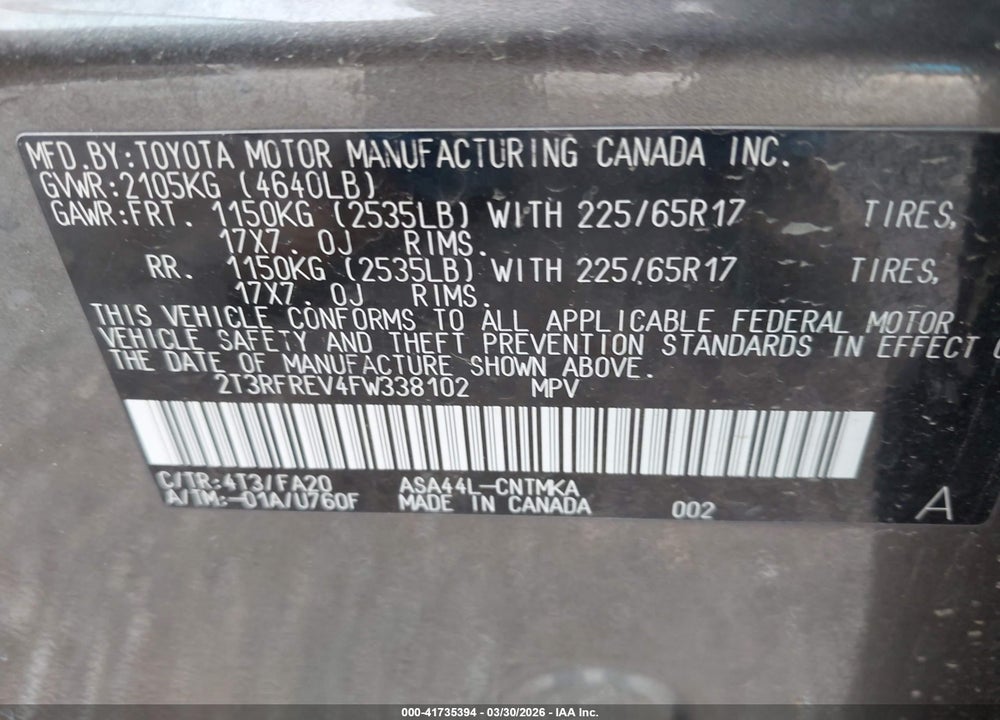 2015 TOYOTA RAV4 XLE VIN: 2T3RFREV4FW338102