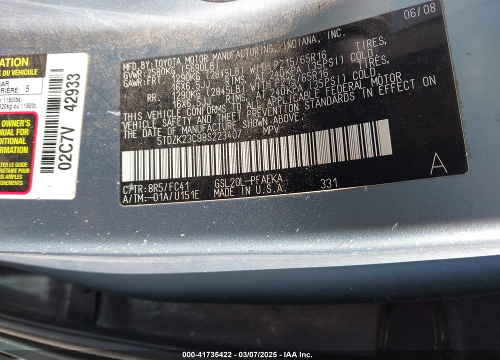 2008 TOYOTA SIENNA LE VIN: 5TDZK23C98S223407