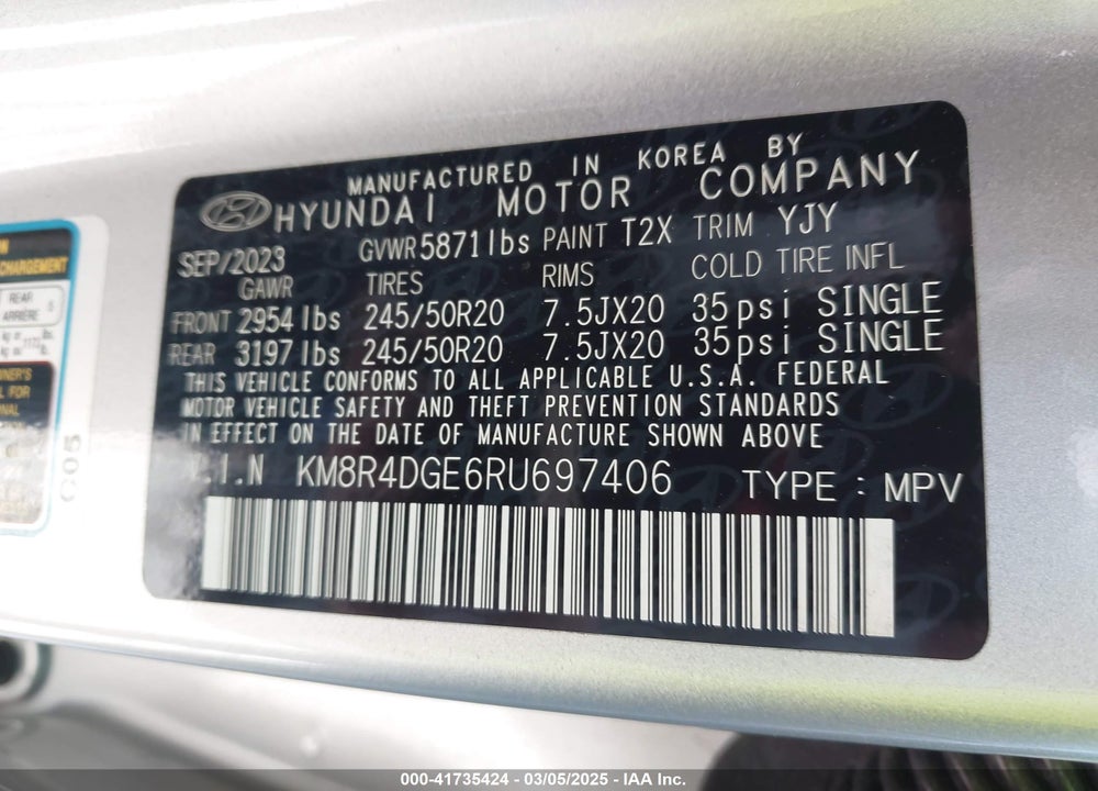 2024 HYUNDAI PALISADE VIN: KM8R4DGE6RU697406
