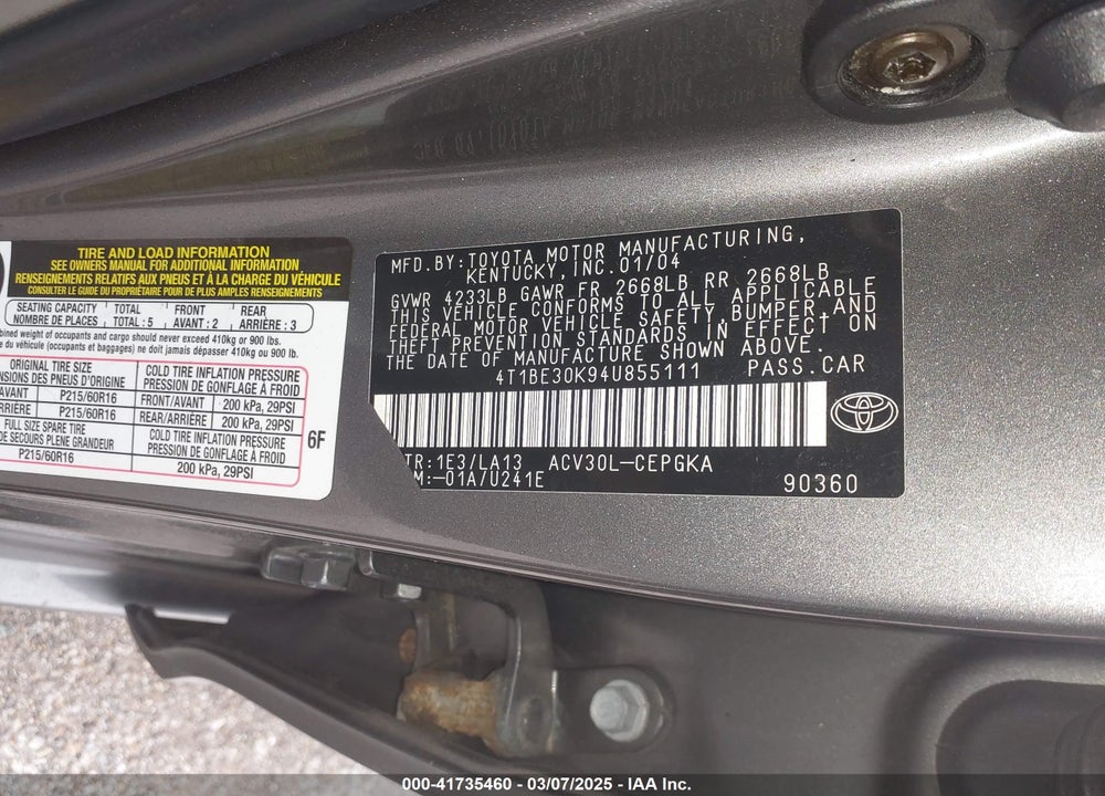 2004 TOYOTA CAMRY XLE VIN: 4T1BE30K94U855111