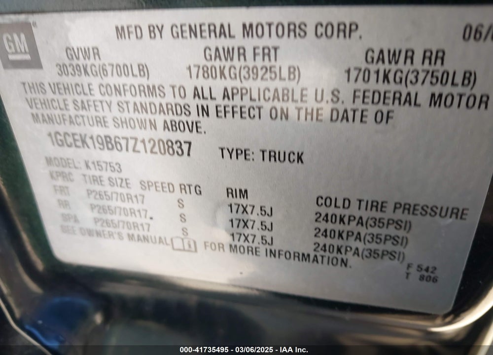 2007 CHEVROLET SILVERADO 1500 CLASSIC VIN: 1GCEK19B67Z120837
