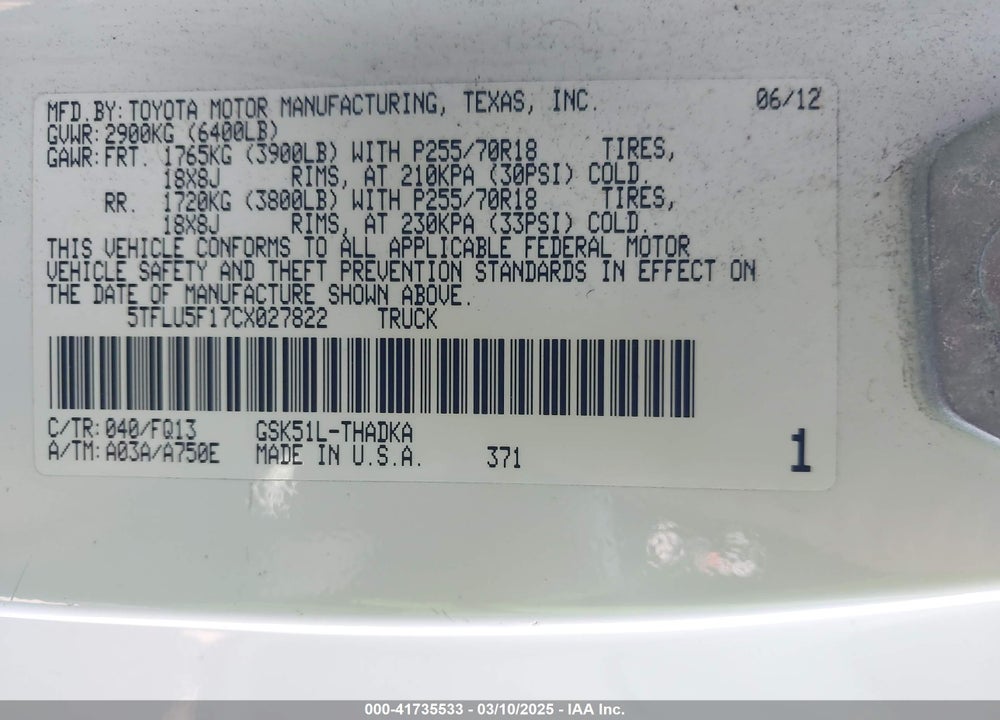 2012 TOYOTA TUNDRA 2WD TRUCK VIN: 5TFLU5F17CX027822