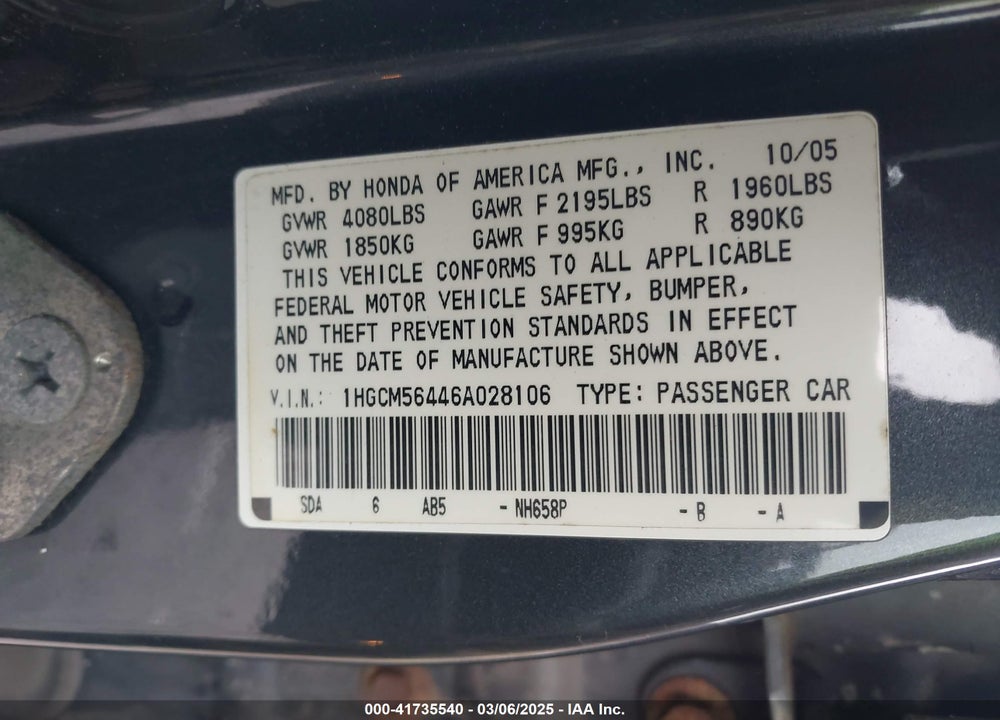 2006 HONDA ACCORD VIN: 1HGCM56446A028106