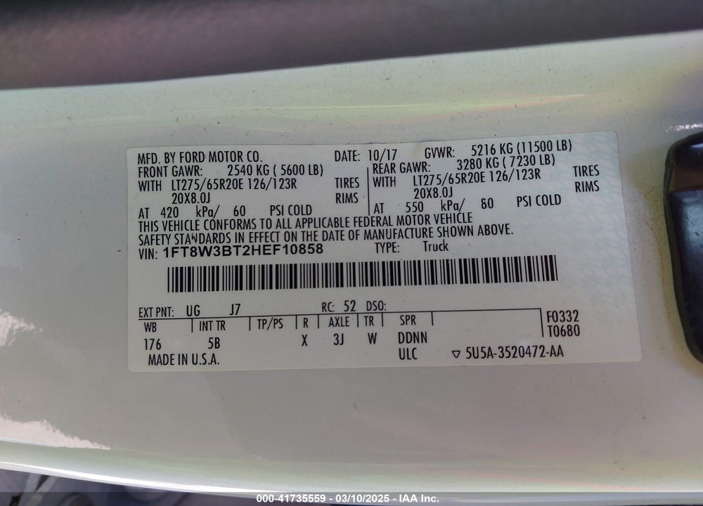 2017 FORD F-350 LARIAT VIN: 1FT8W3BT2HEF10858