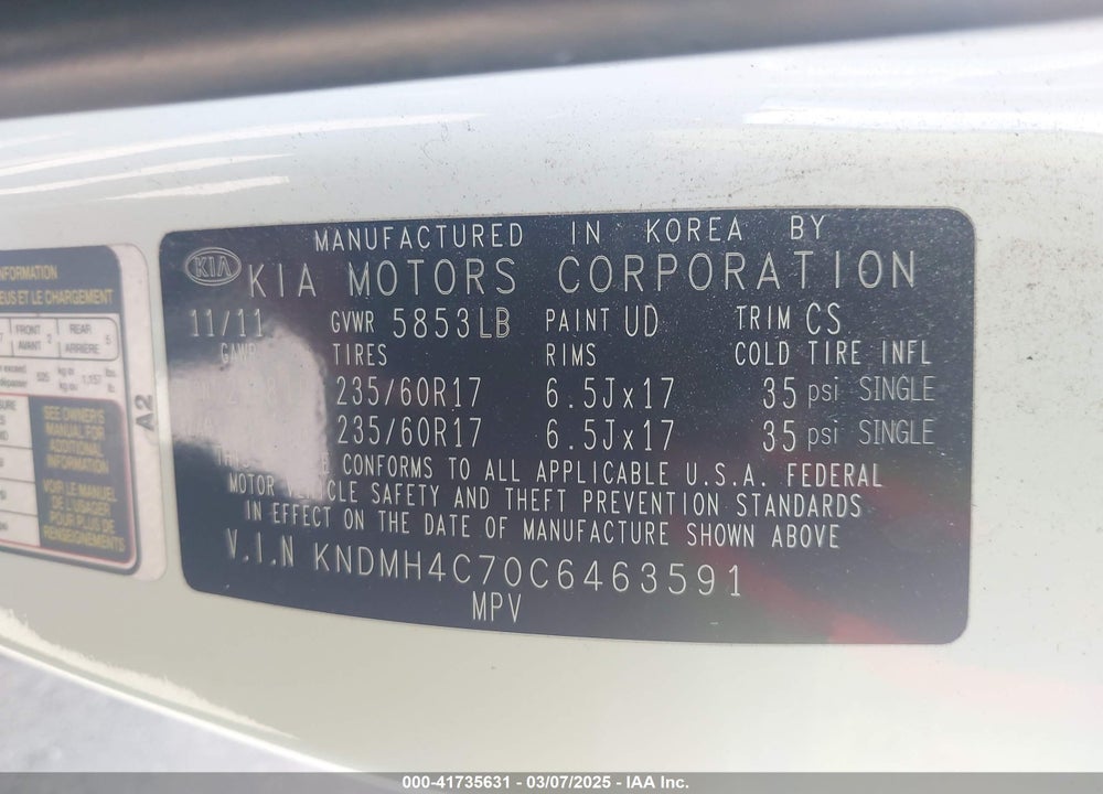 2012 KIA SEDONA VIN: KNDMH4C70C6463591