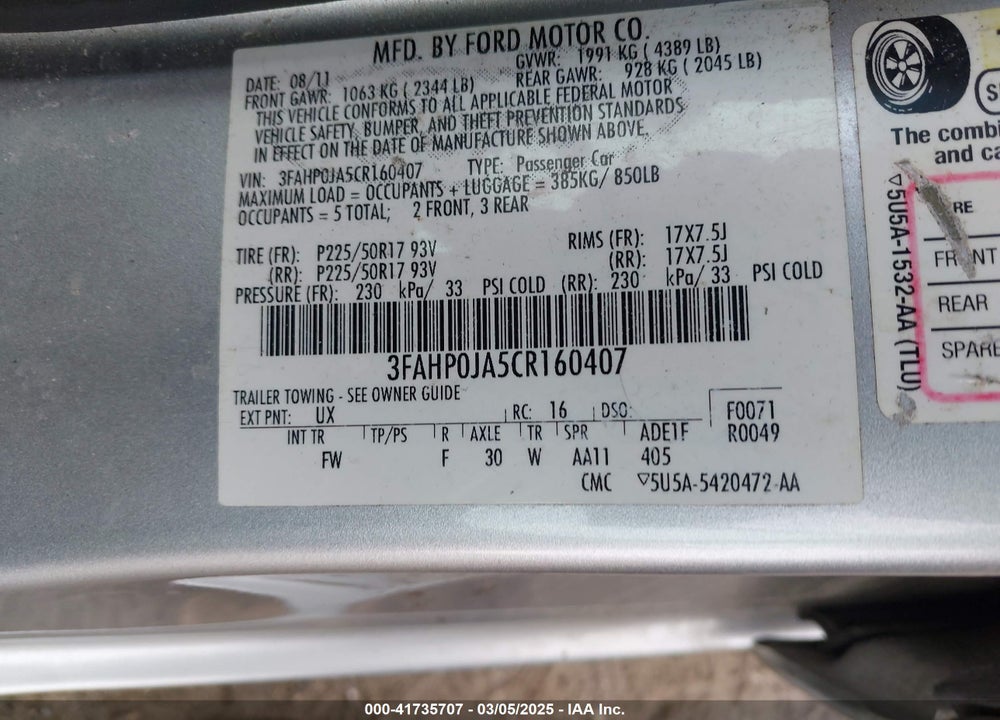 2012 FORD FUSION VIN: 3FAHP0JA5CR160407