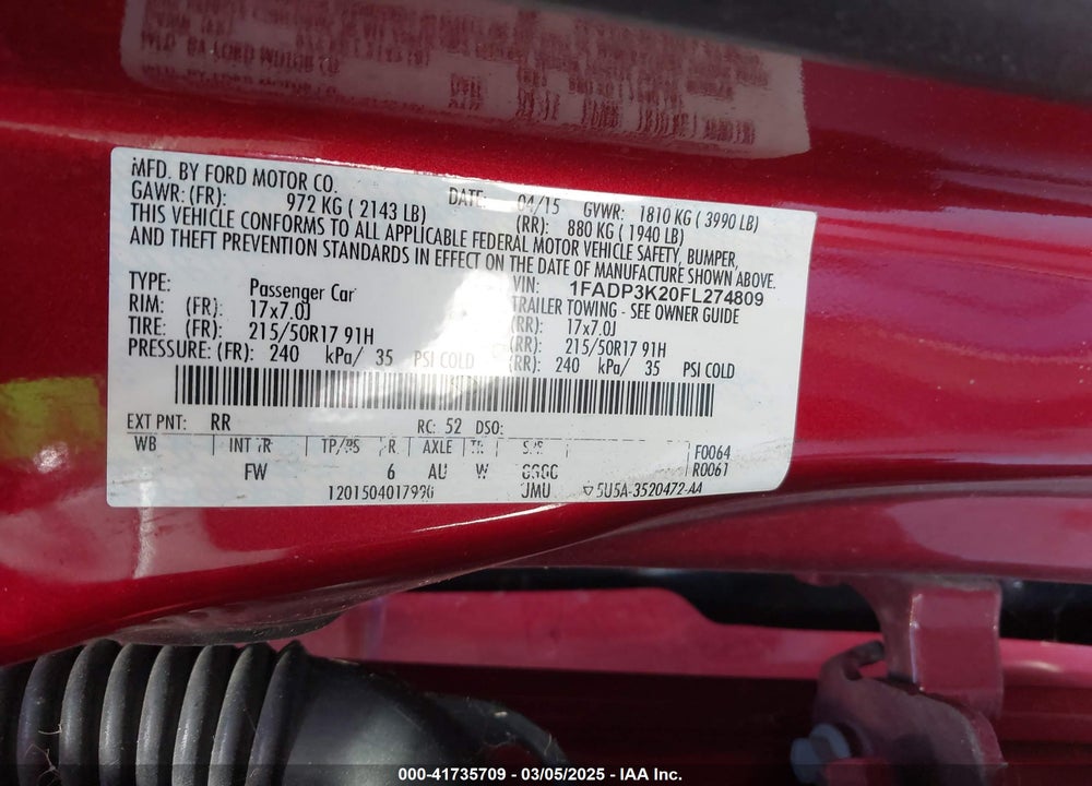 2015 FORD FOCUS SE VIN: 1FADP3K20FL274809