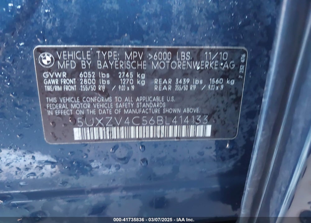 2011 BMW X5 VIN: 5UXZV4C56BL414133