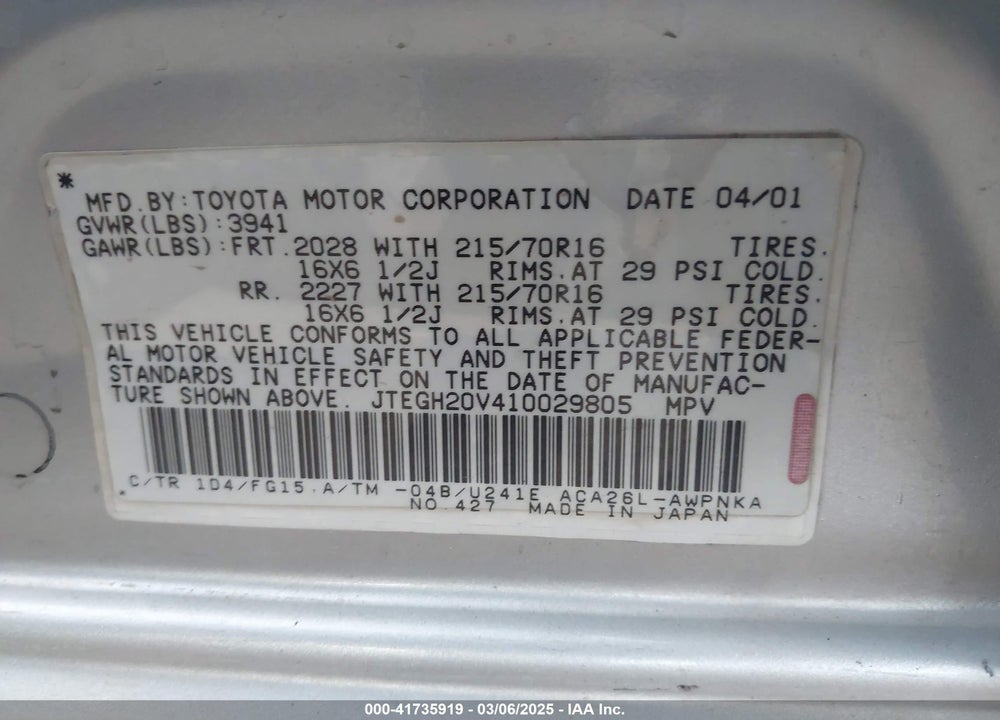2001 TOYOTA RAV4 VIN: JTEGH20V410029805
